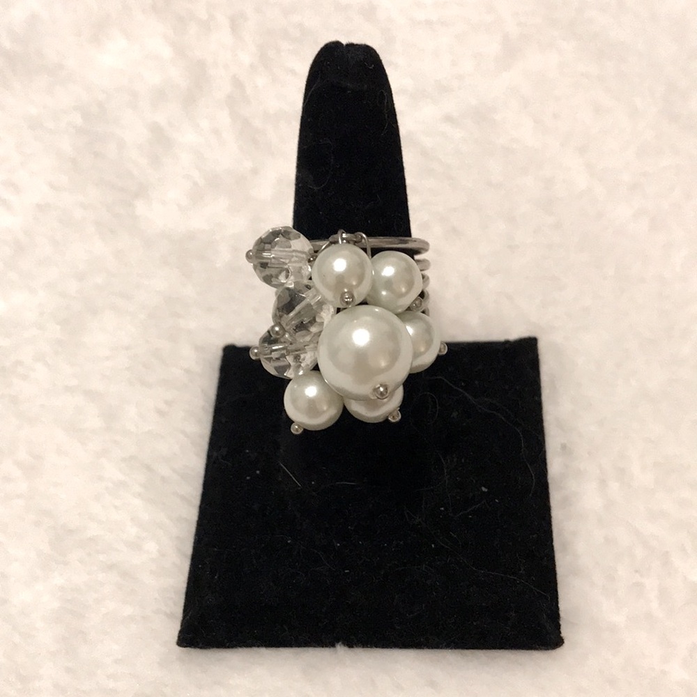 Silver Multi-Band Ring with Pearls and Faceted Beads